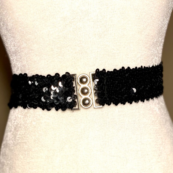 2 for $26 Vintage Black Sequin Evening Cocktali Waist Stretch Belt - Picture 2 of 7